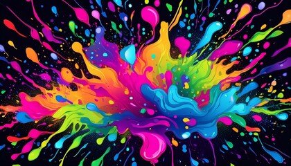 Obraz premium party funk pop neon bright pink blue green rainbow color splatter splash pattern on black background