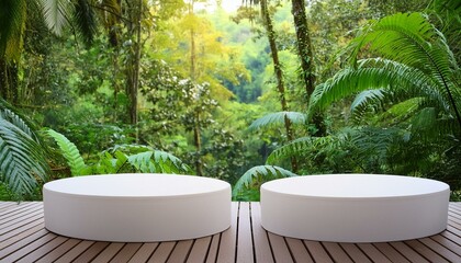 two white round podium displays for product presentation, lush jungle forest in the background