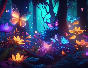 colorful fantasy forest foliage at night, glowing flowers and beautifuly butterflies as magical fairies, bioluminescent fauna as wallpaper background