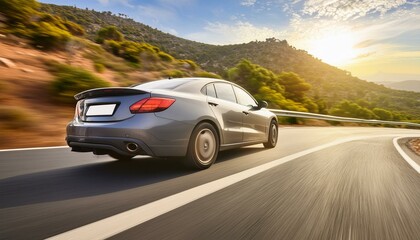 Fototapeta premium side view of a fast driving sport car, blurred motion background, generative ai