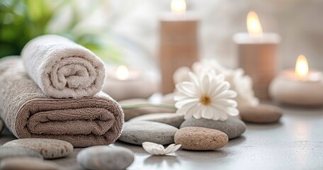 Calm spa escape - candles, orchids, grey stones rest on towels amid soft bokeh lights, crafting a serene atmosphere for ultimate relaxation and rejuvenation.