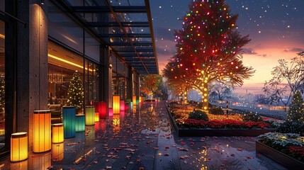 A festive outdoor Christmas party with rainbow-colored lanterns, a brightly decorated tree, and guests enjoying the holiday spirit under the stars. Illustration, Minimalism,