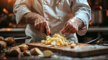 A chef is cutting potatoes on a wooden cutting board. The potatoes are sliced into small pieces. The chef is wearing a white apron and a white chef's hat