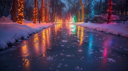 Obraz premium A magical outdoor scene with a rainbow of Christmas lights reflecting off a frozen pond, creating a stunning and colorful holiday display. Illustration, Minimalism,