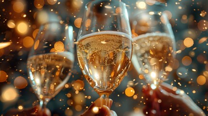 A close-up shot of three glasses of champagne clinking together in celebration of New Years Eve.