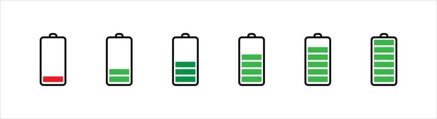 Battery icon set vector illustration, battery charging sign and symbol, battery charge level.