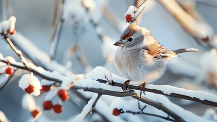 Cute bird perching on branch surrounded by snowy winter forest, AI Generative.
