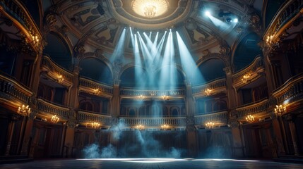 Majestic Theater with Dramatic Lighting and Ornate Architecture