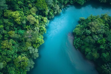 River in rainforest, drone view
