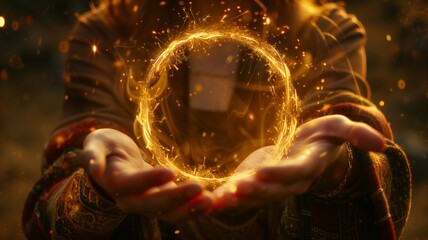Hands of a young woman forming a circle with sparkles of light