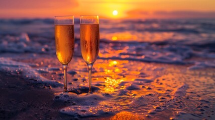 Two glasses of champagne on the beach at sunset