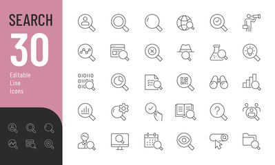 Search Editable Icons set. Vector illustration in modern thin line style of research related icons: inspector, monitoring, analysis, and more. Pictograms and infographics for mobile apps.