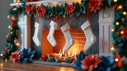 A cozy holiday scene with a paper garland draped across a mantel, stockings made from paper hanging below, and a warm fire burning in the fireplace. Illustration, Minimalism,