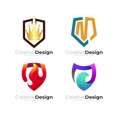 Abstract shield logo template, shield wave, fire and crown