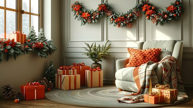 A cozy corner with a reading nook, featuring paper holiday garlands hanging above a comfy chair, a stack of wrapped gifts, and a warm blanket, evoking a sense of comfort and joy. Illustration,