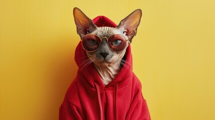 Stylish Devon Rex cat in red hoodie and sunglasses on yellow backdrop
