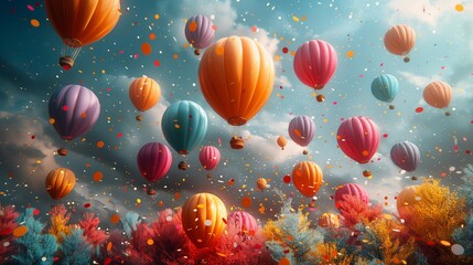 Fototapeta premium A vibrant scene of colorful hot air balloons floating amidst a sky filled with confetti and falling petals.