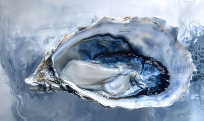 Abstract Marine Art with Open Oyster Shells on Fluid Blue Pattern