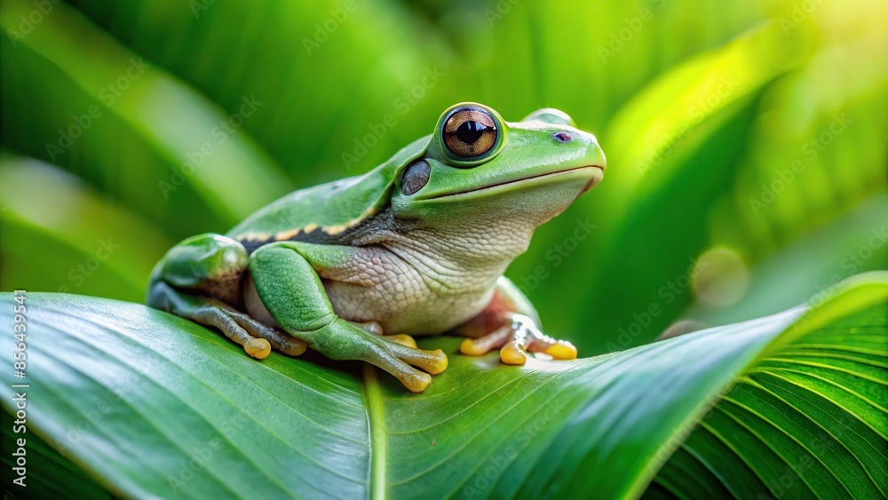 Wall mural green frog resting on a large leaf in a natural setting, frog, green, nature, wildlife, amphibian, a - Wall murals