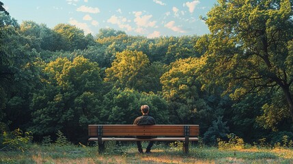 Obraz premium A man sitting on a park bench, surrounded by nature but looking lost in thought, depicting the feeling of being disconnected and isolated despite a peaceful environment. Illustration, Minimalism,