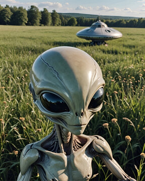 Retrato de cerca extraterrestre y ovni en un campo