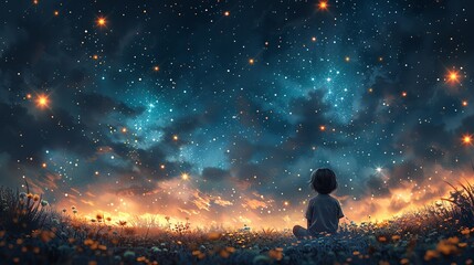 A child gazing at the stars with wonder, representing the calming effect of connecting with the beauty of the universe. Illustration, Minimalism,