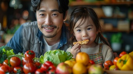 Fototapeta premium A parent and child practicing mindfulness eating, savoring each bite of a healthy snack with awareness. Illustration, Minimalism,