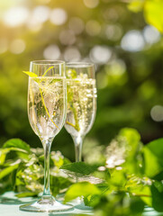 An elegant image of an elderflower and prosecco spritz, served in a tall flute with ice and a sprig of mint