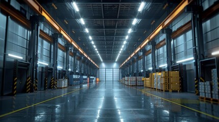 Obraz premium A large, modern warehouse with a shiny, reflective floor. The warehouse is lit by bright lights and has several loading docks.