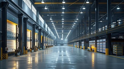 Obraz premium A large, modern warehouse with a high ceiling and bright lighting