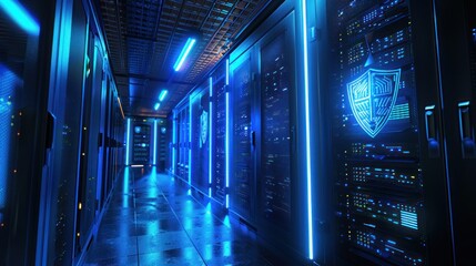 Advanced Cybersecurity Data Center room with Blue Lighting and Shield Emblem Illumination. AI generated image