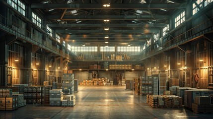 Fototapeta premium A large, industrial warehouse with a high ceiling and concrete floors