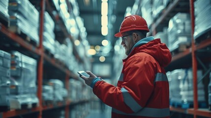 A warehouse worker wearing a hard hat and safety glasses uses a mobile computer to check inventory in a cold storage warehouse.