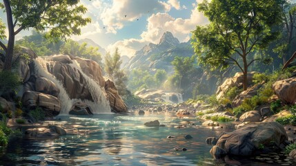 A serene outdoor scene depicting a river flowing through rocks and trees in a natural landscape with a waterfall and stream