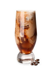 Glass of iced latte and coffee beans on white background