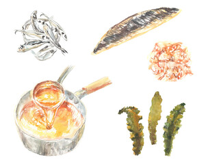 水彩で描いた色々な出汁のイラストセット