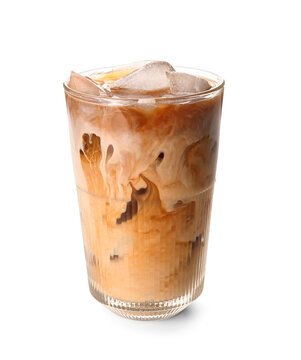 Glass of iced latte on white background