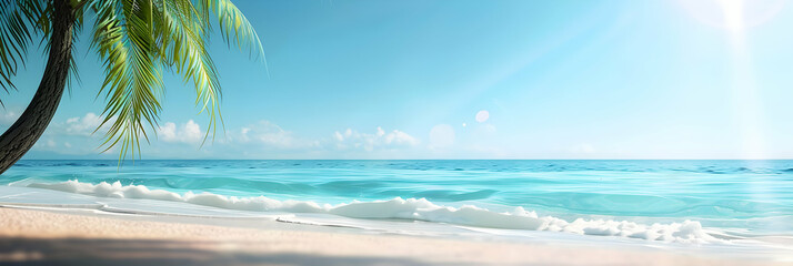 Fototapeta premium Palm tree leaves framing a serene beach scene with turquoise water and white sand.