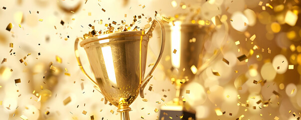 Two golden trophies surrounded by confetti.