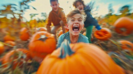 Blurred faces lit up with excitement in a pumpkin patch.