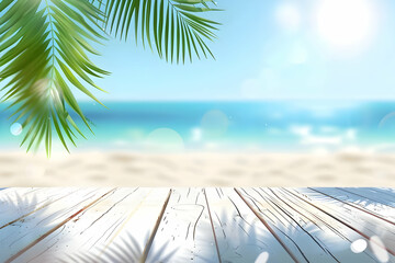 White wooden table top with beach, palm leaves and ocean background. Summer vacation concept.