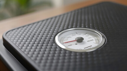 Close-up view of a traditional analog bathroom scale with a textured surface and clear dial.