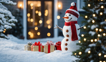 Fototapeta premium a built snowman in the snow in the garden in front of the balcony glass window on the terrace, four Christmas presents