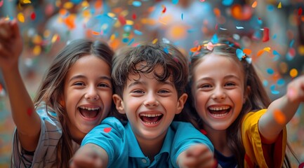 Children kid, birthday party and celebration, jumping and laughing happily, ribbon paper confetti