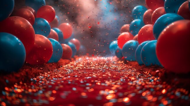 A festive grand opening celebration with red and blue balloons and confetti scattered on the ground.