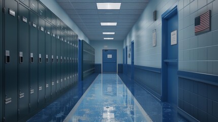 Fototapeta premium Empty School Hallway with Lockers, Generative AI