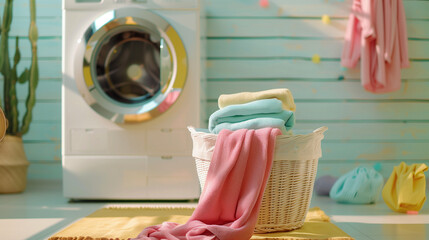 Laundry Design Interior with Pastel Colors. Washing clothes in the washing machine