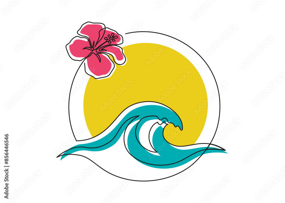 Fototapete one continuous line drawing of sea wave and hibiscus flower. modern abstract seascape and concept fo
