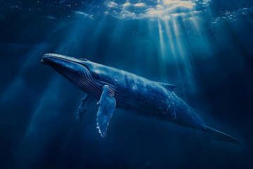 Fototapeta premium A majestic whale swims through deep blue water, bathed in ethereal sunlight.