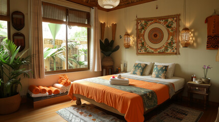 Inviting bedroom decorated in tropical theme with warm colors, indoor plants, and natural light through a large window.
